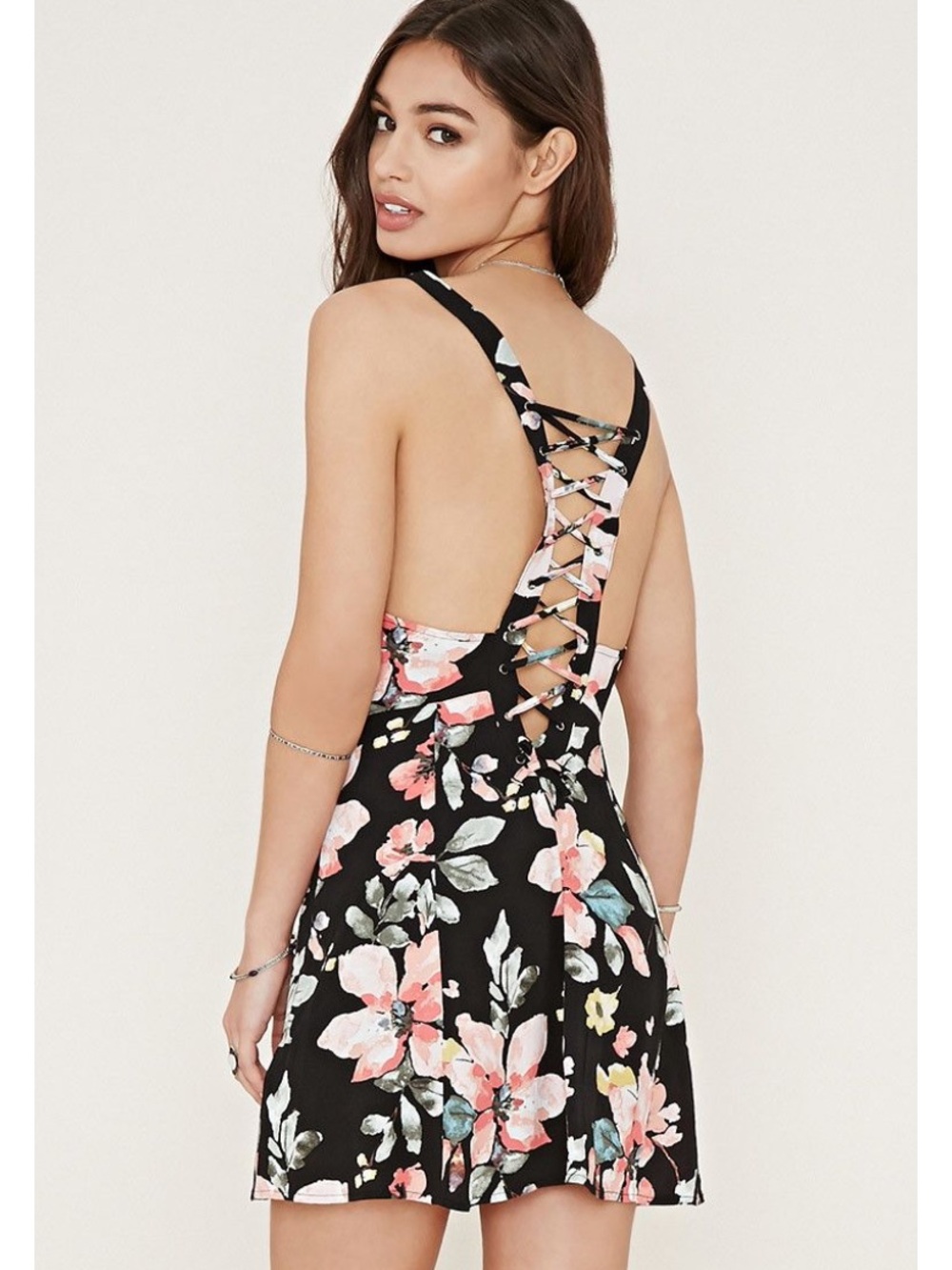Forever 21 Black Floral Lace-Up Back Mini Dress